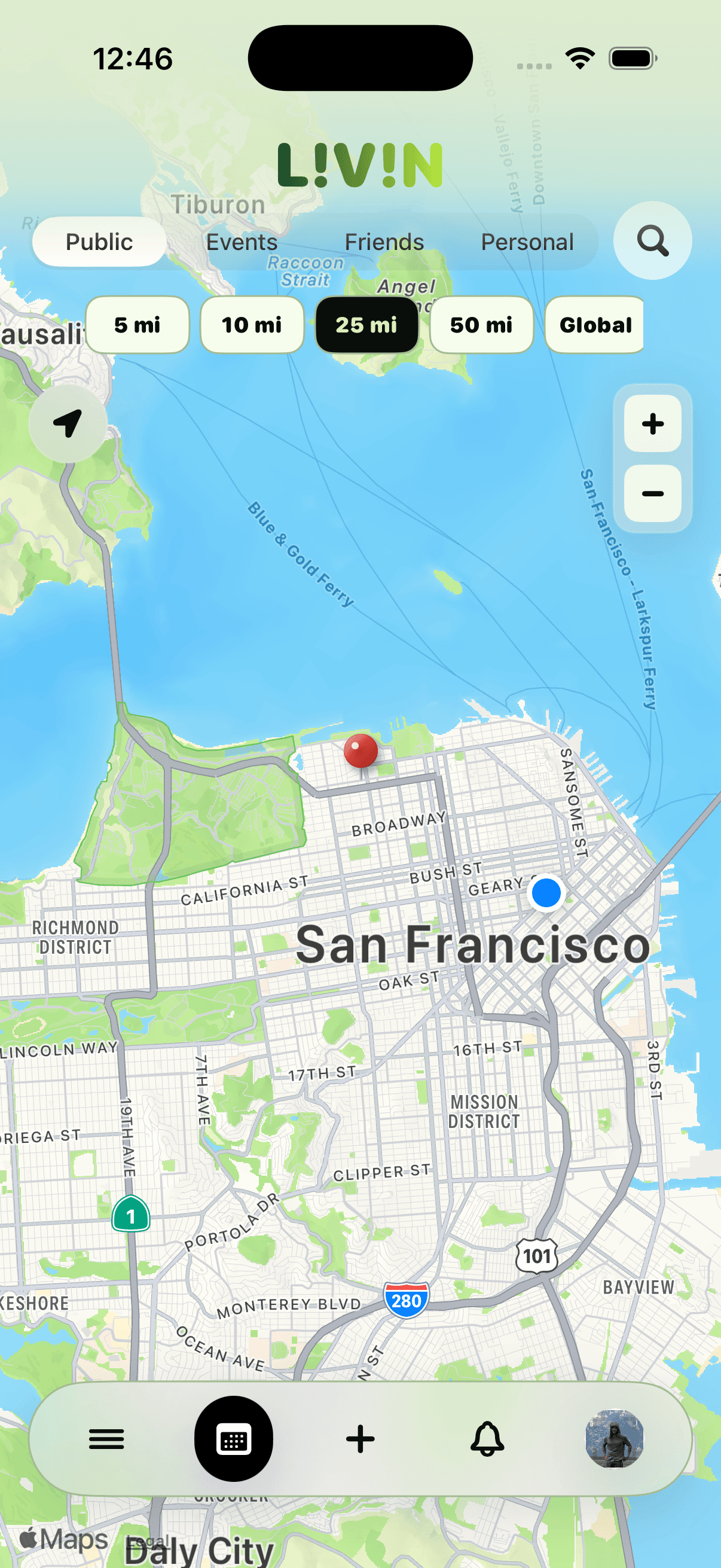 Actual L!V!N beta map with green controls and a red pin in San Francisco.